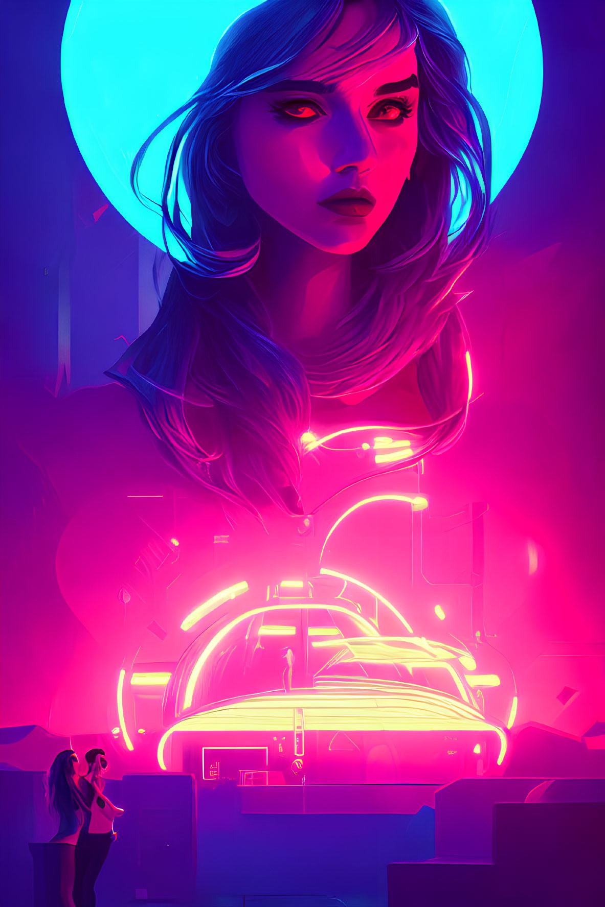 Colorful digital artwork: Woman's portrait with neon lights overshadowing smaller scene