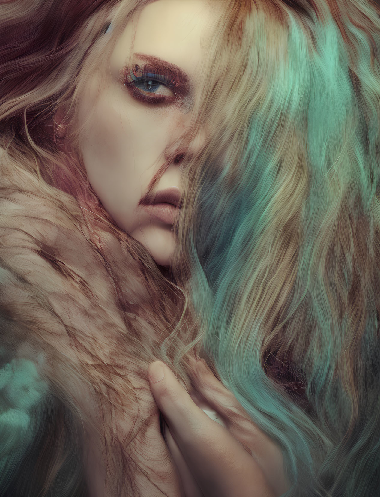 Close-Up Portrait Featuring Striking Blue Eye Makeup and Blonde to Cyan Ombre Hair