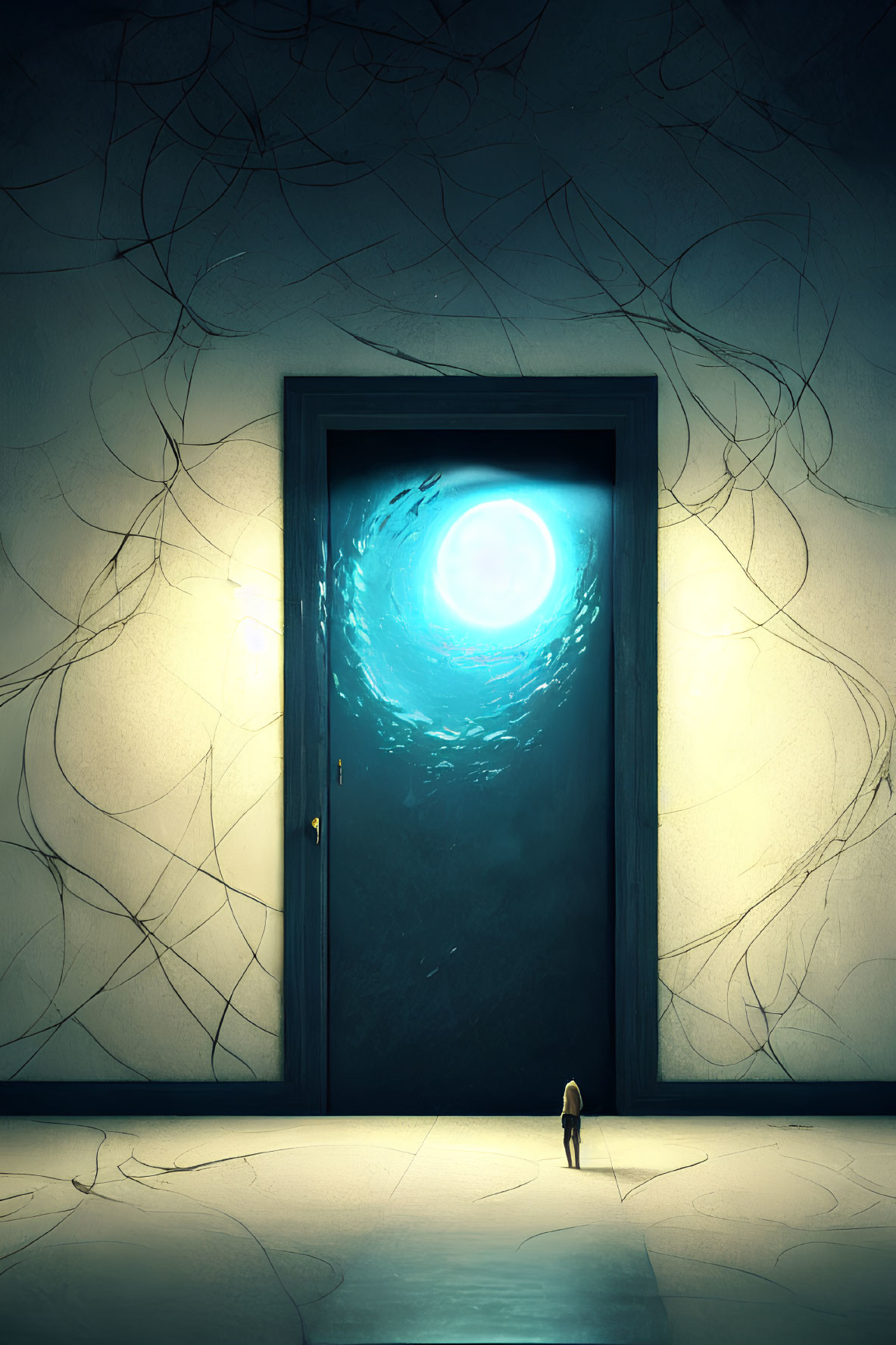 Mysterious figure by glowing doorway in dark room