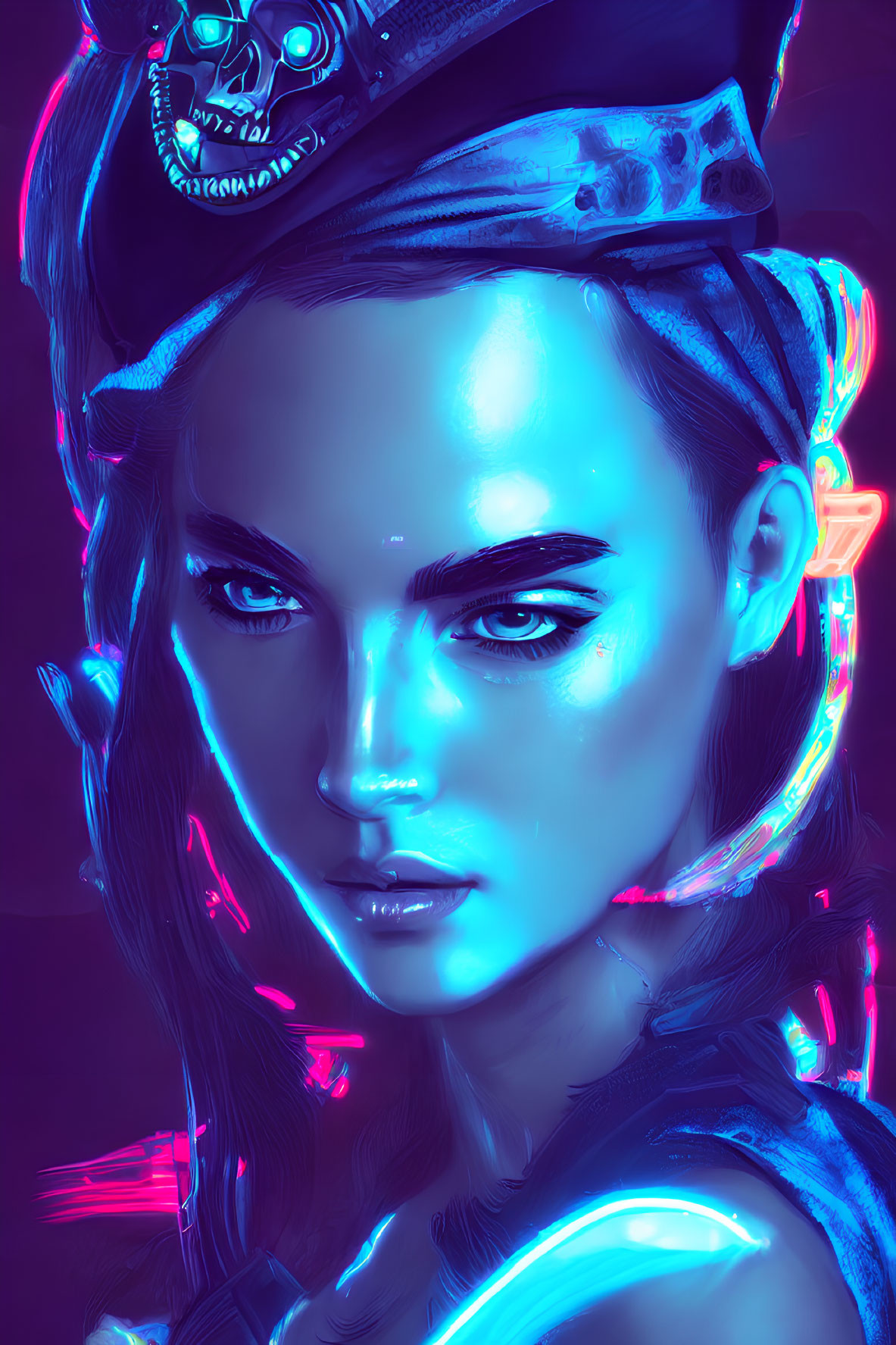 Futuristic cyberpunk digital art with blue neon lighting