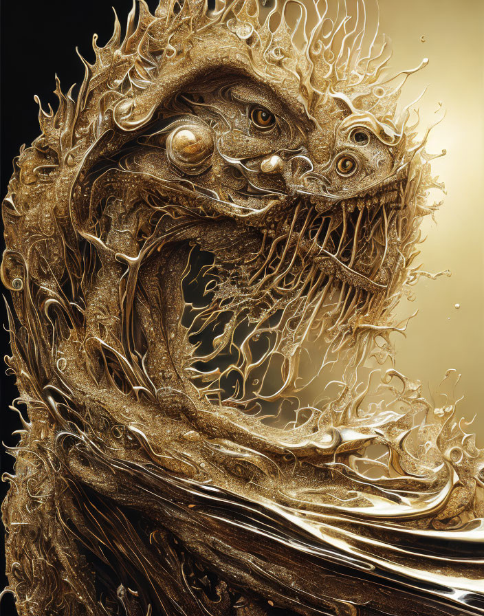 Intricate Golden Fantasy Creature with Multiple Eyes and Tendrils