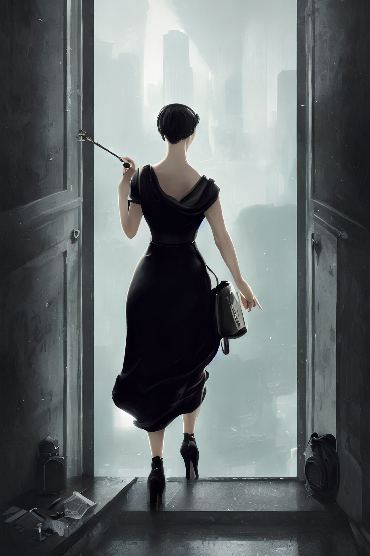 Woman in black dress painting by window with city view