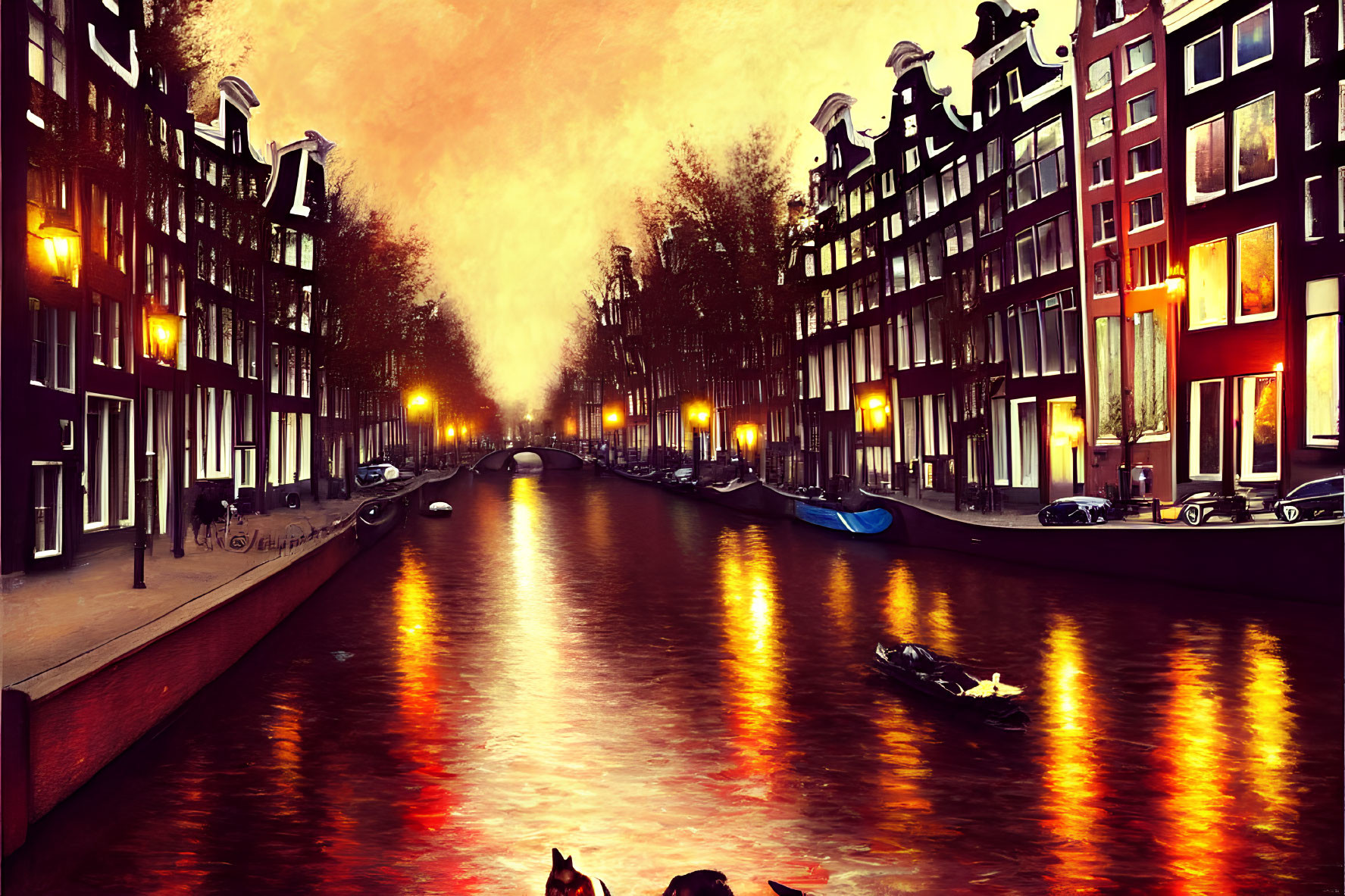 Scenic Amsterdam canal at sunset with orange waters and Dutch architecture