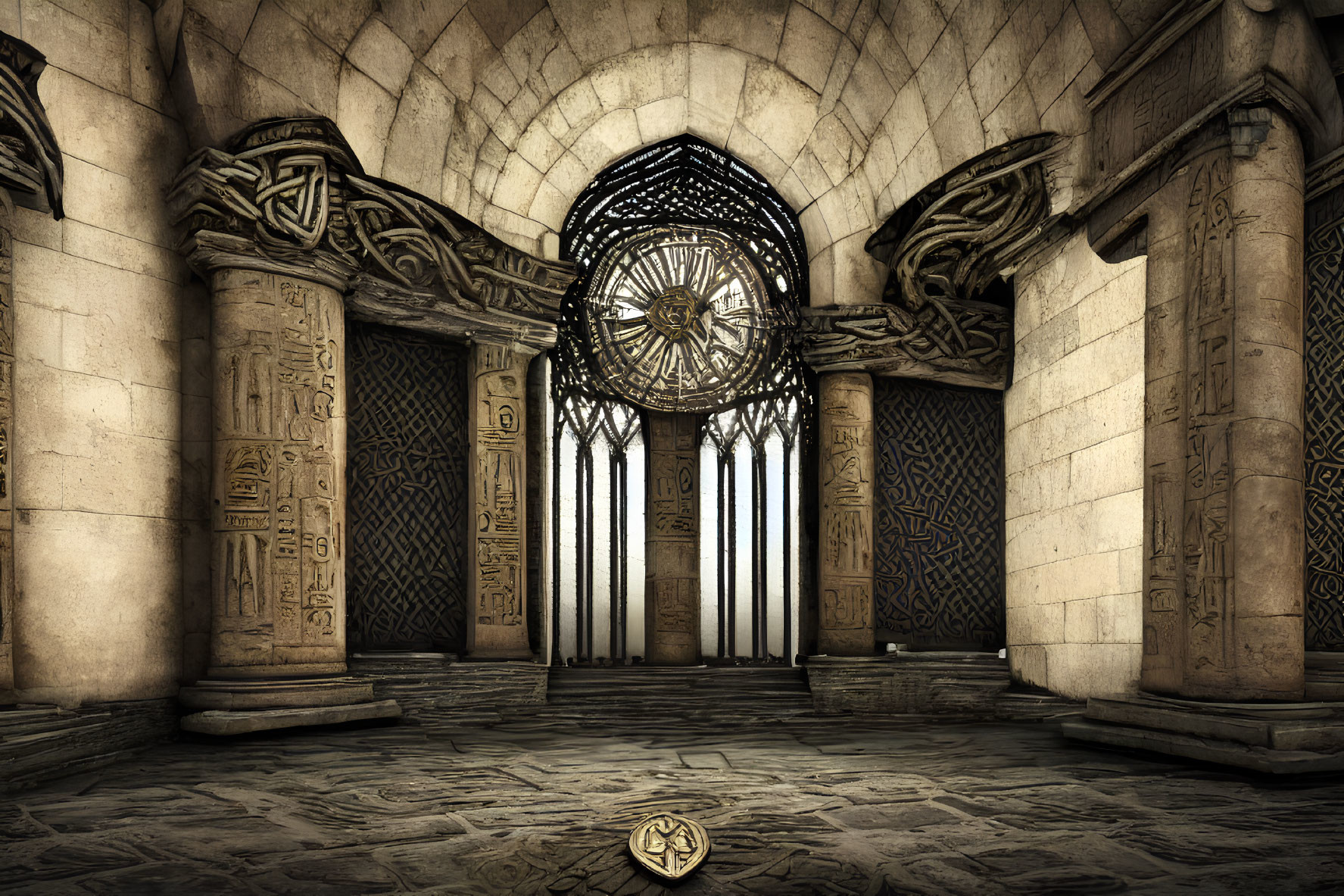 Spacious ornate hall with intricate patterns, circular window, and mysterious emblem