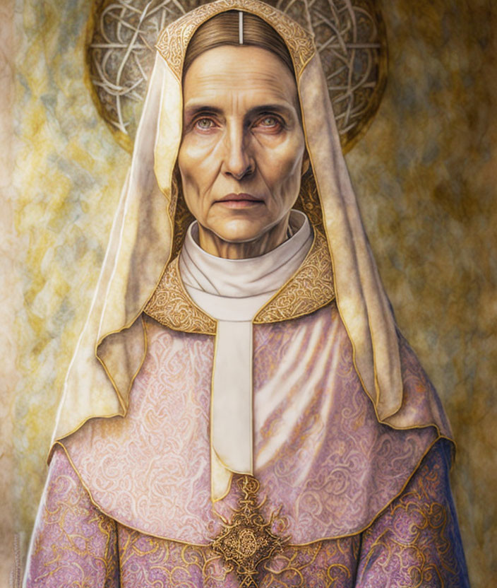 Elderly woman in detailed headdress and religious attire gazes solemnly.