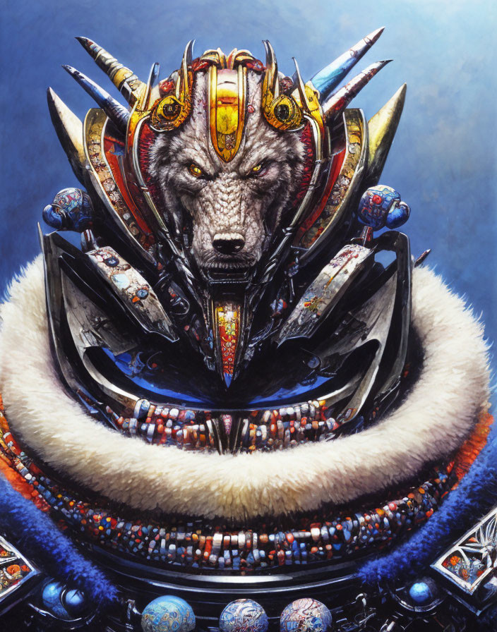 Detailed Wolf-Headed Figure in Ornate Armor on Blue Background