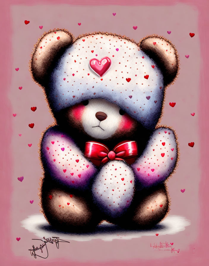 Adorable teddy bear with heart-shaped nose and bow tie on pink background