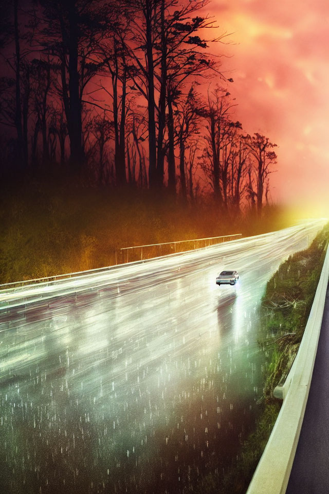 Car driving on wet road under colorful sunset sky