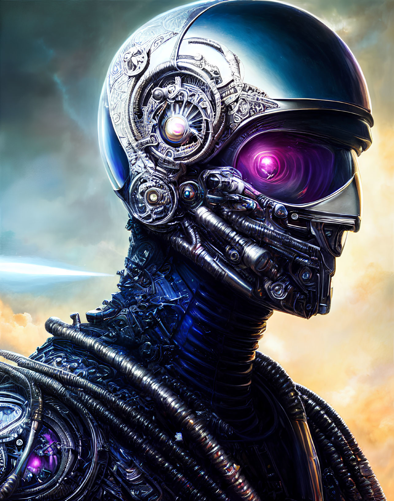Detailed metallic skull with glowing purple eyes against dramatic sky
