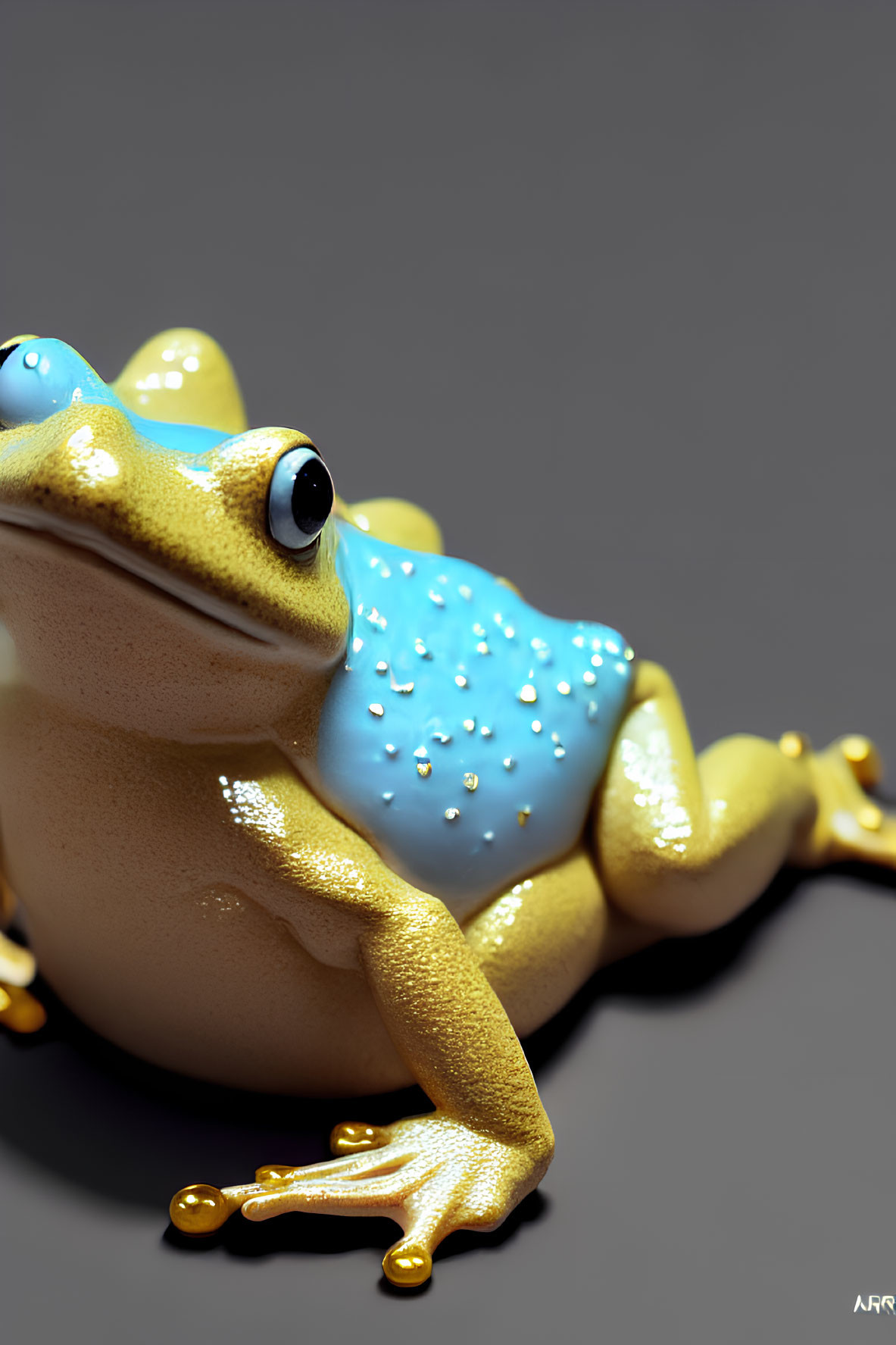 Glossy Yellow and Blue Frog with Realistic Eyes and Beaded Texture