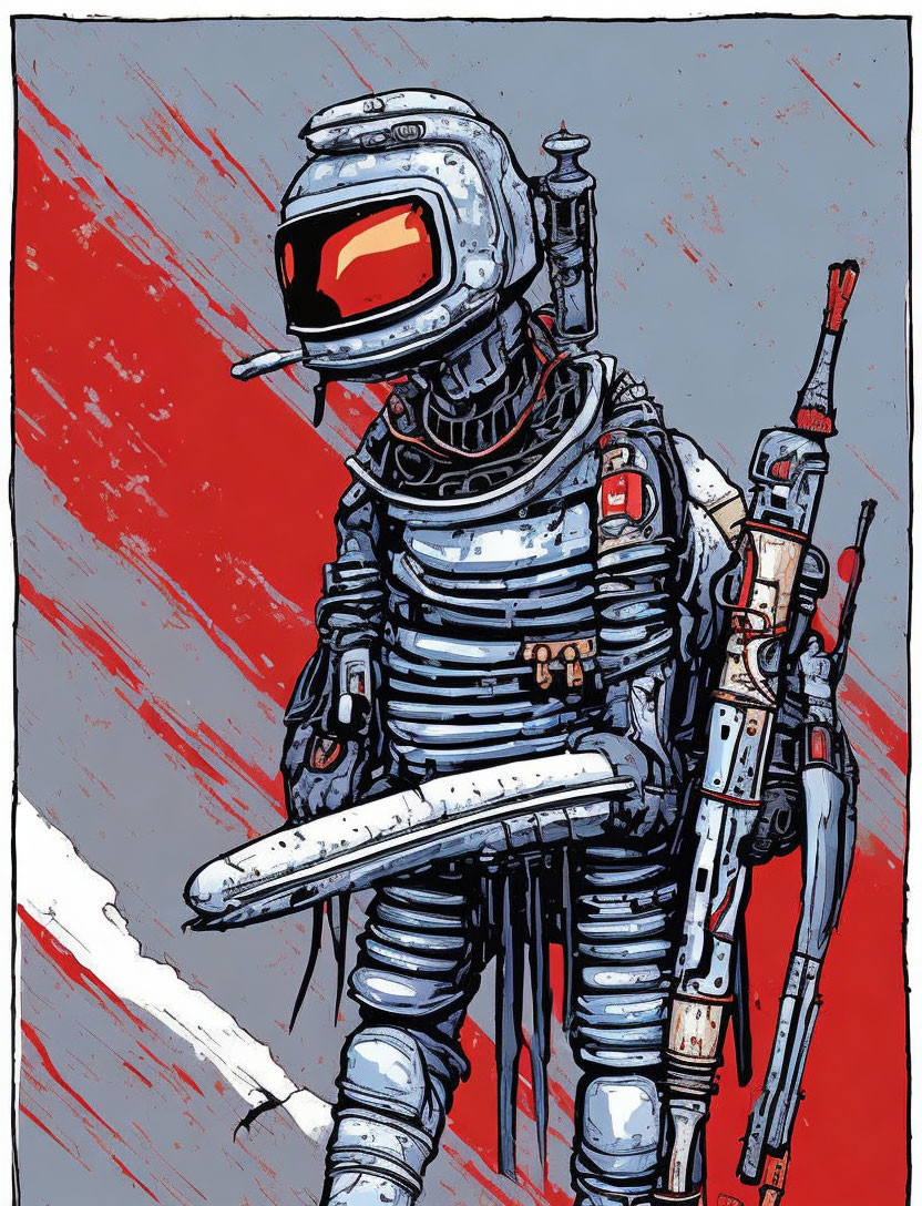 Retro-style astronaut with glowing visor and futuristic weapon in red and grey background