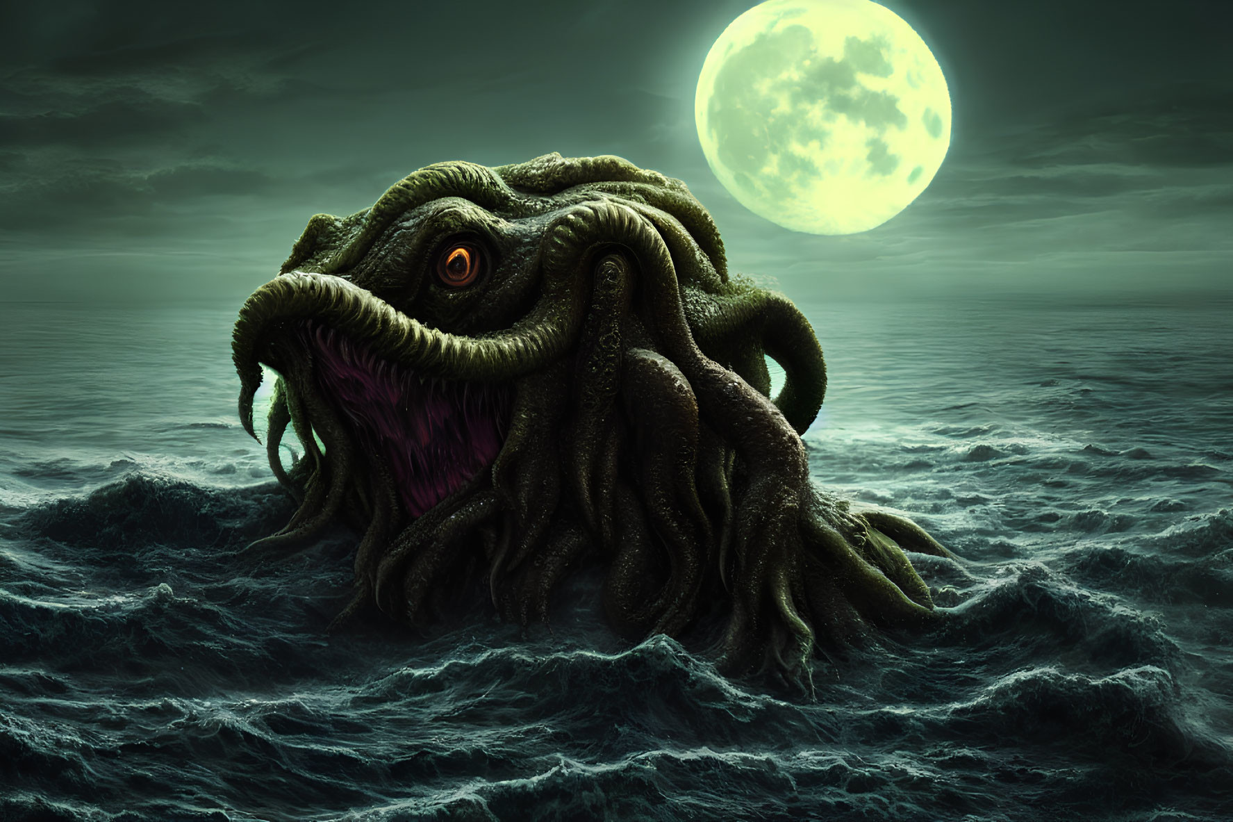 Monstrous sea creature with tentacles and single eye in dark ocean waves