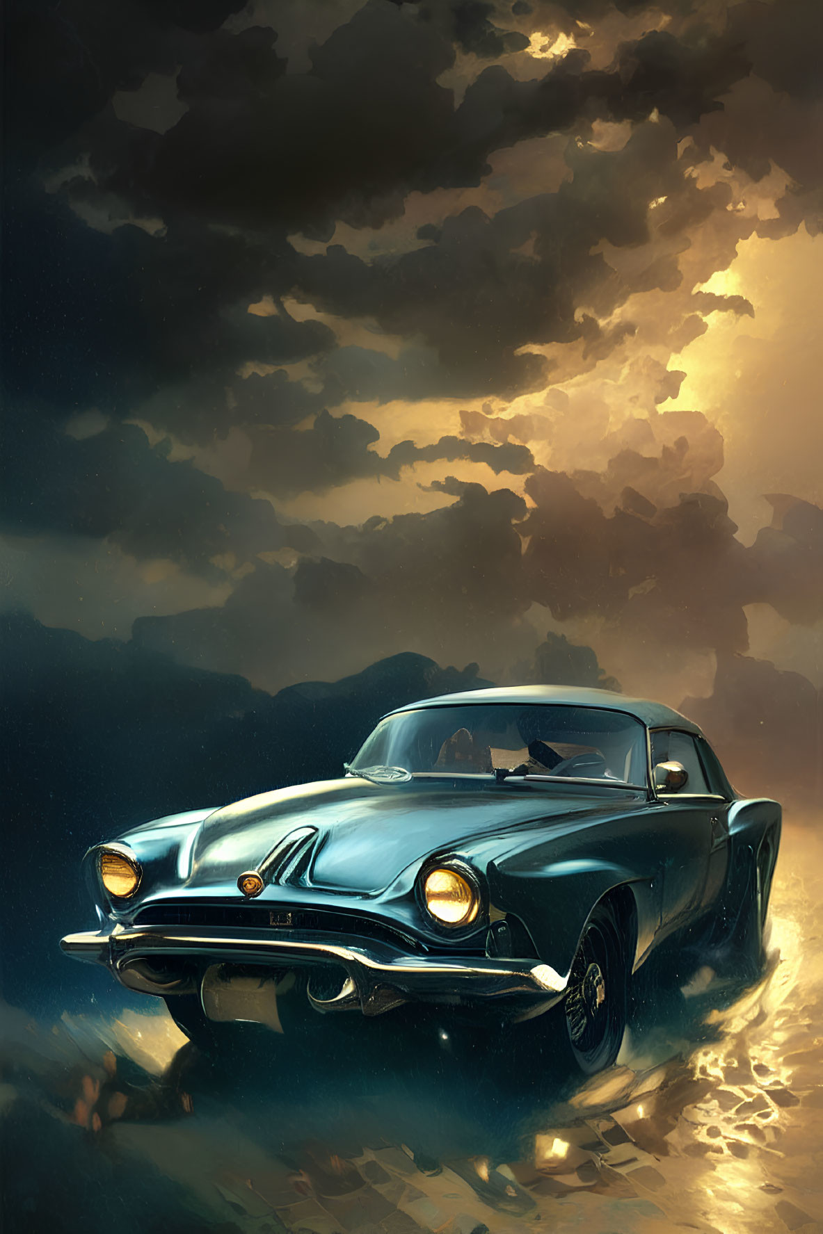 Vintage car on empty road under dramatic sky with sunbeam