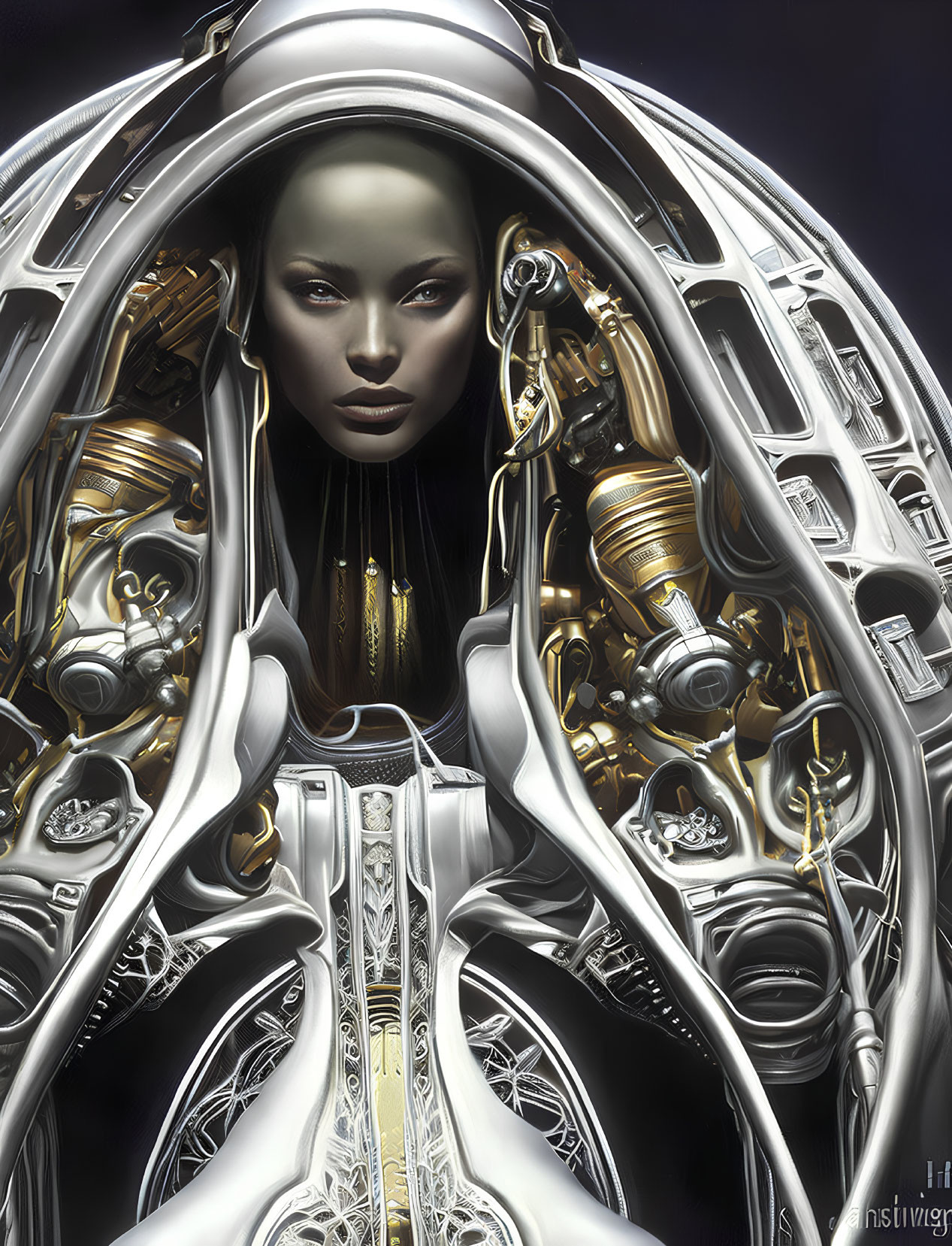 Futuristic portrait of woman with metallic skin and golden robotic elements