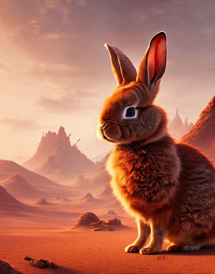 Realistic Illustration of Large Fluffy Rabbit in Desert Landscape