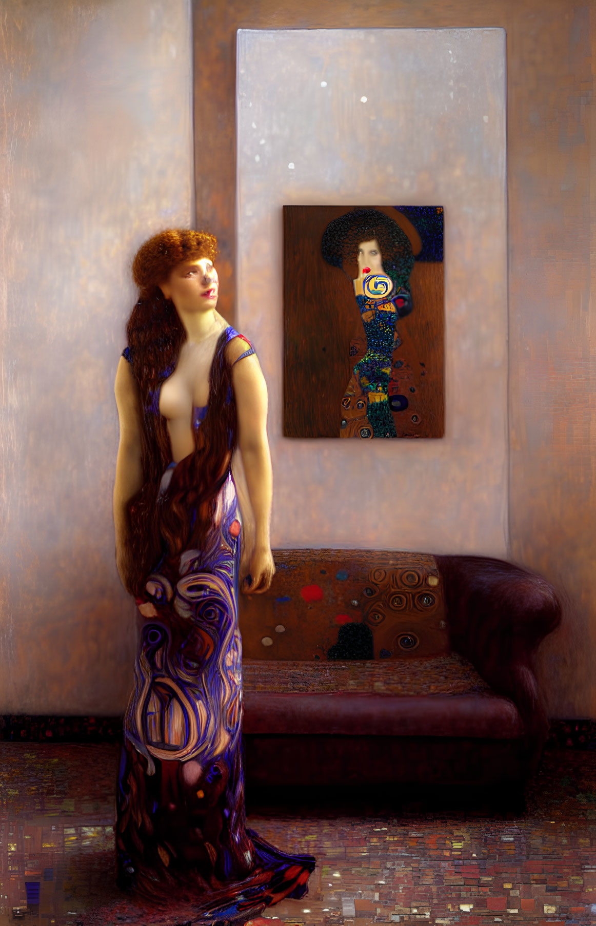 Red-haired woman in Klimt-inspired dress by sofa with Klimt painting.