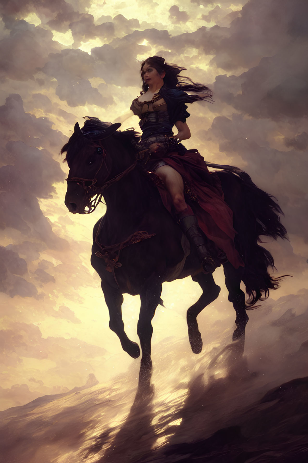 Warrior woman in armor on black horse under dramatic sky