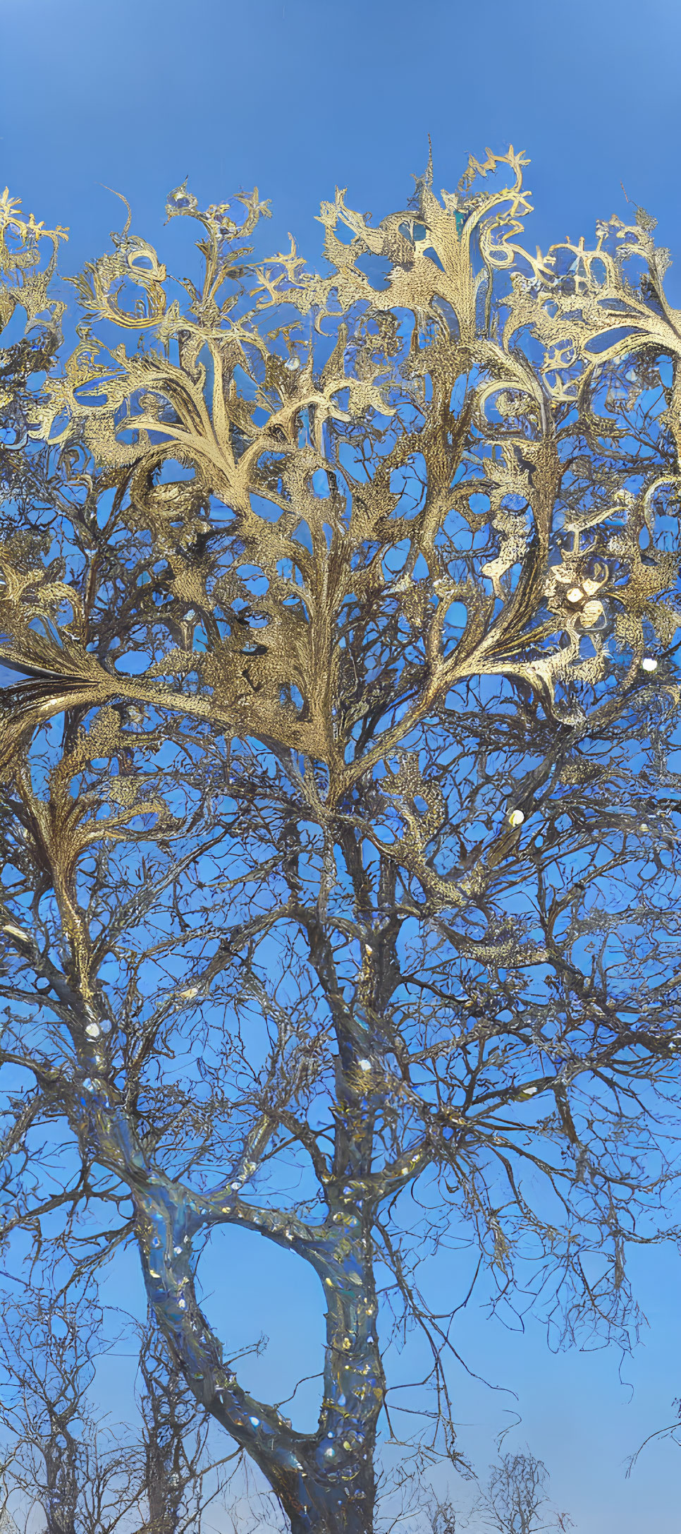 Surreal digitally-altered tree with golden patterns against blue sky