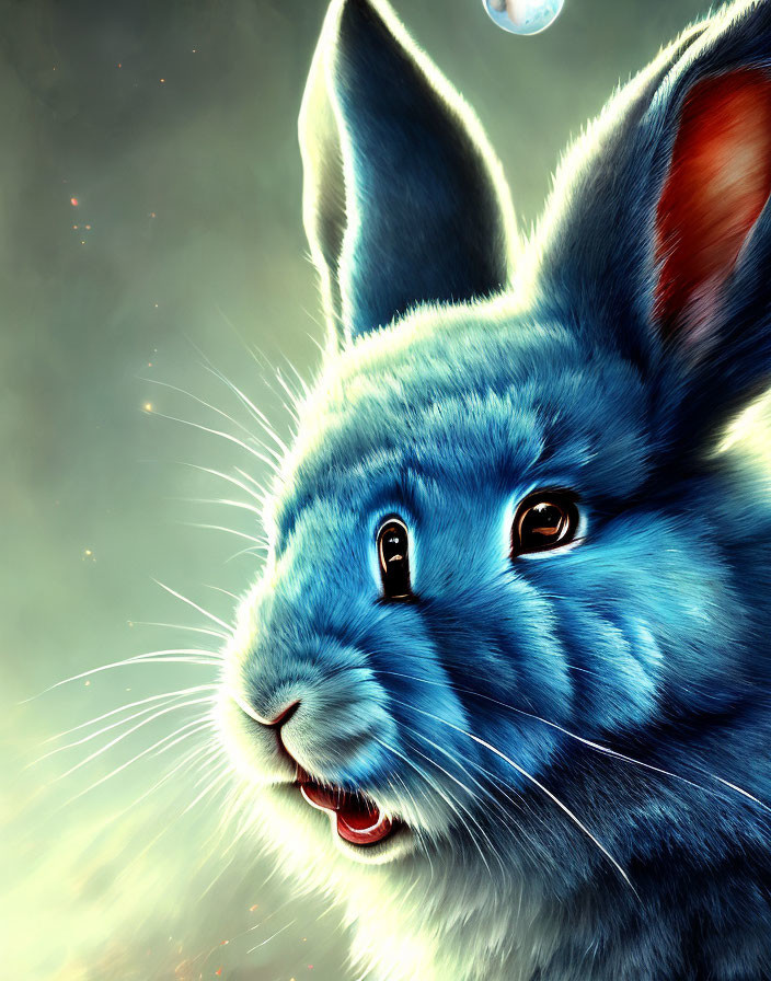 Blue rabbit digital illustration with cosmic background and radiant glow