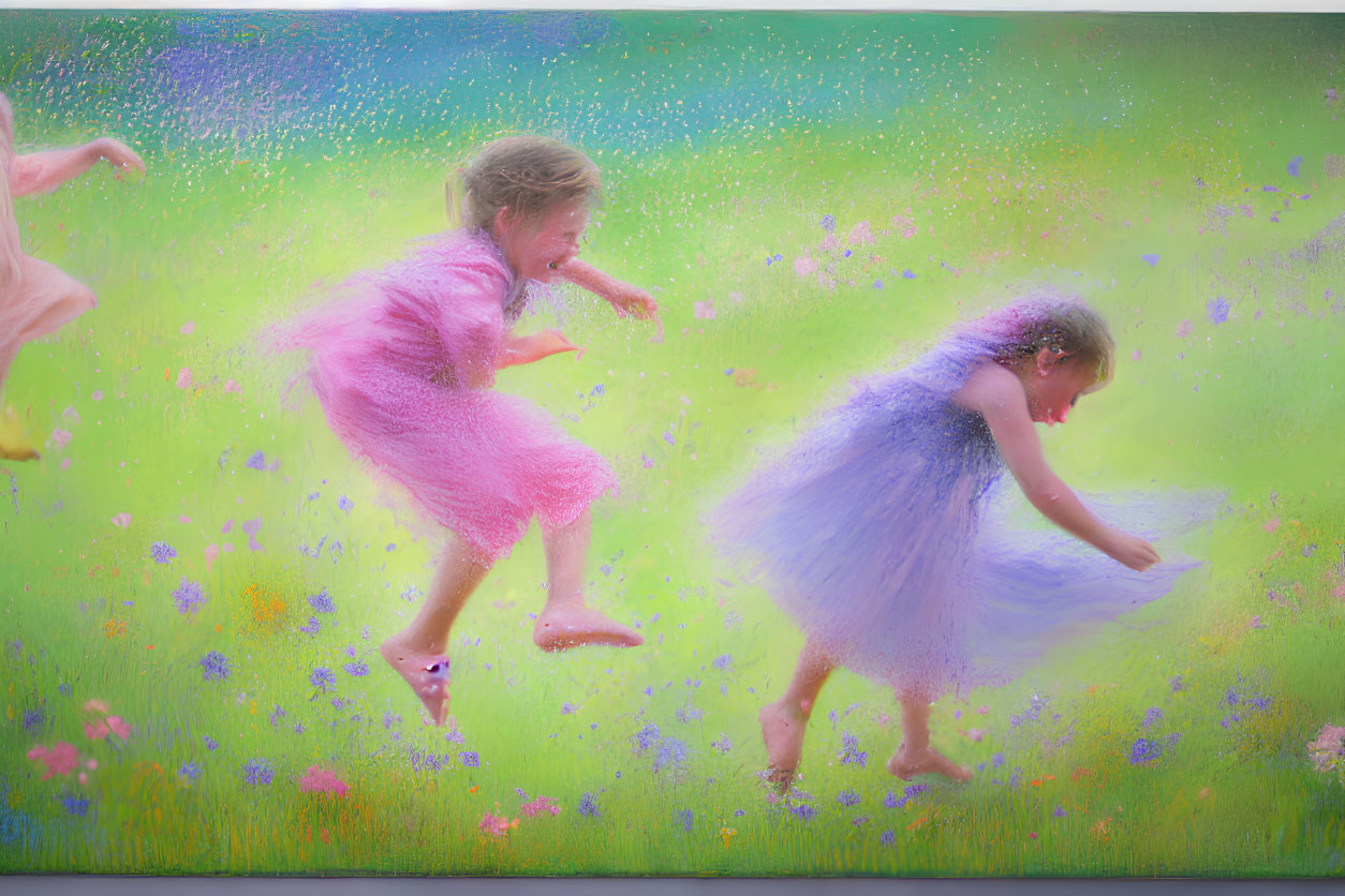 Two Young Girls Playing in Vibrant Meadow