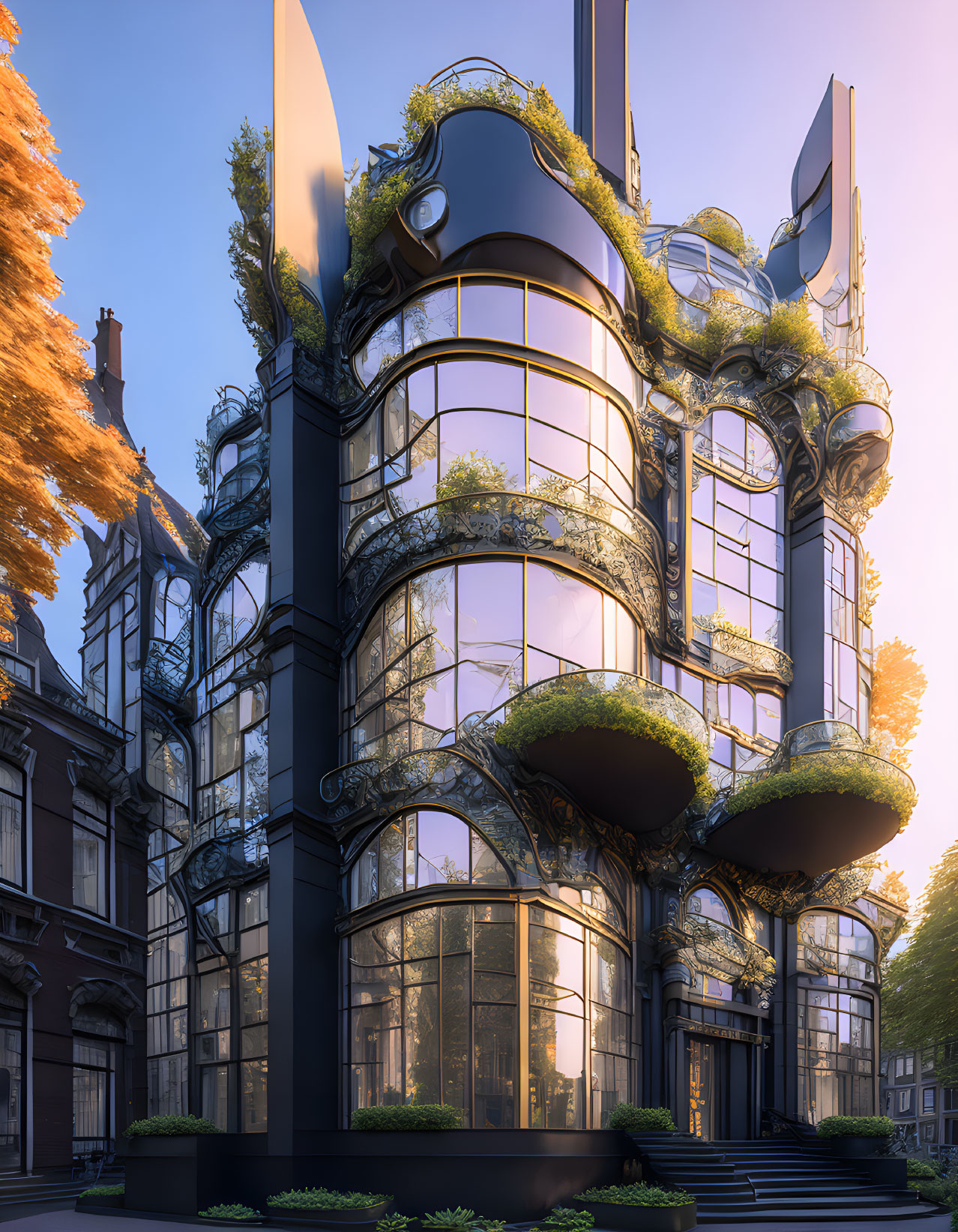 Futuristic organic building with glass facades and greenery in cityscape