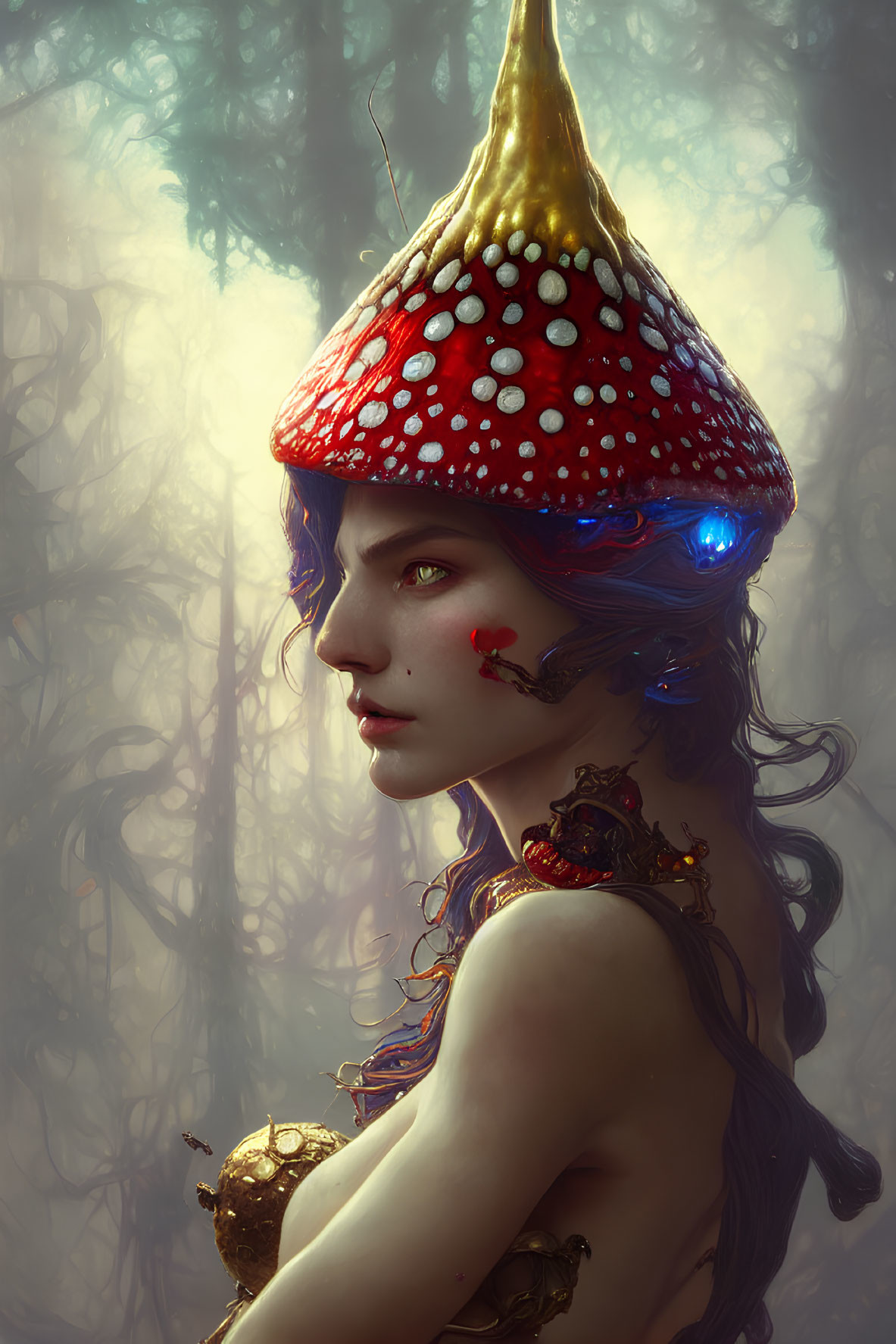 Blue-skinned female figure in golden armor with mushroom headpiece in mystical forest