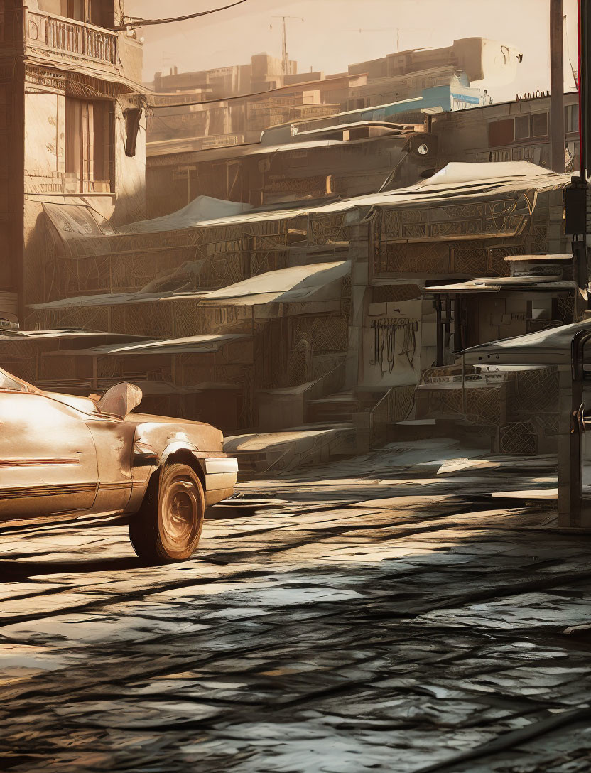 Deserted city street with shadows, dusty cars, and worn buildings in sunlit urban scene
