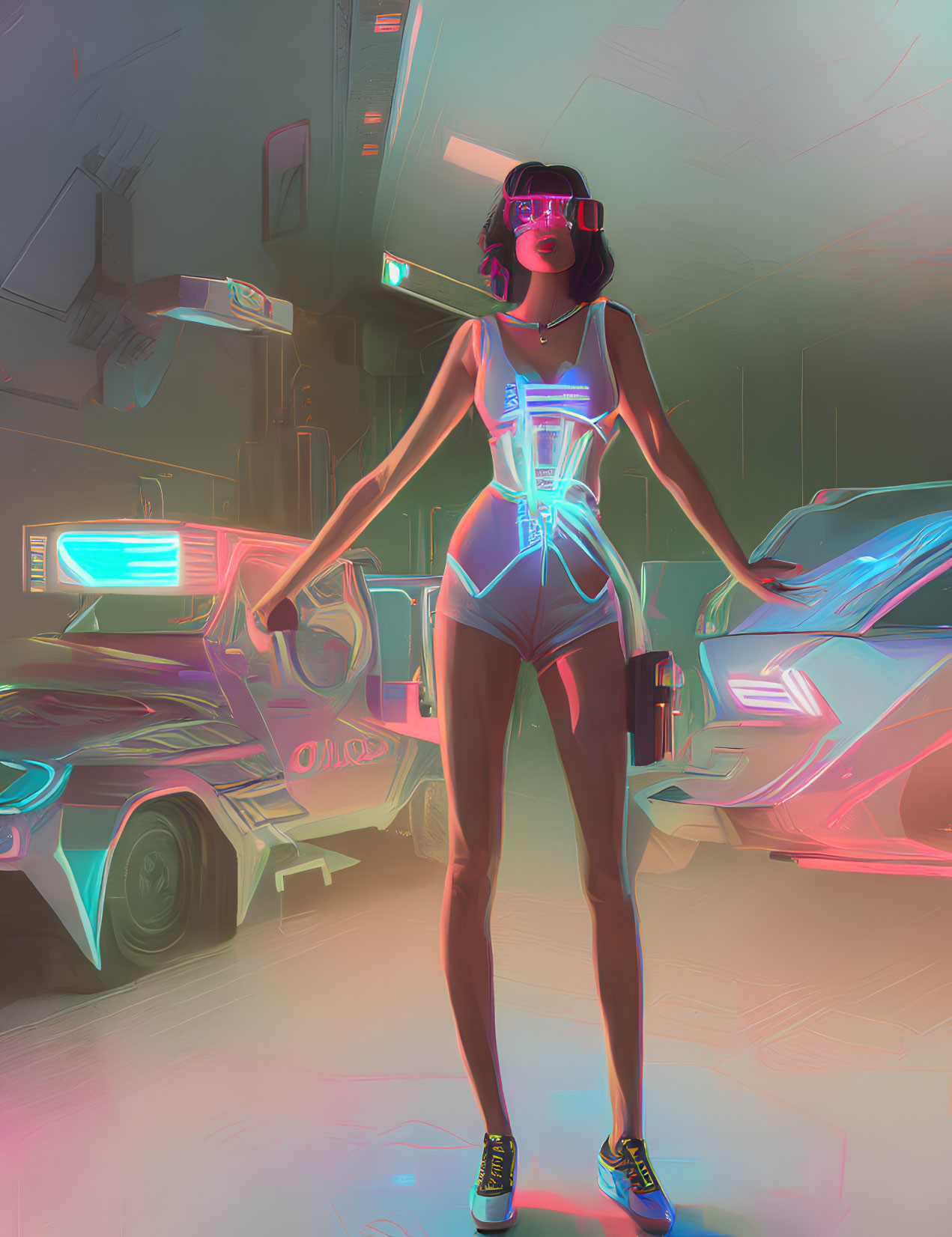 Futuristic woman with cybernetic elements in neon-lit garage