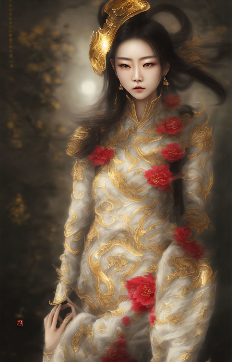 Ethereal Figure with Golden Details and Red Flowers on Dark Background