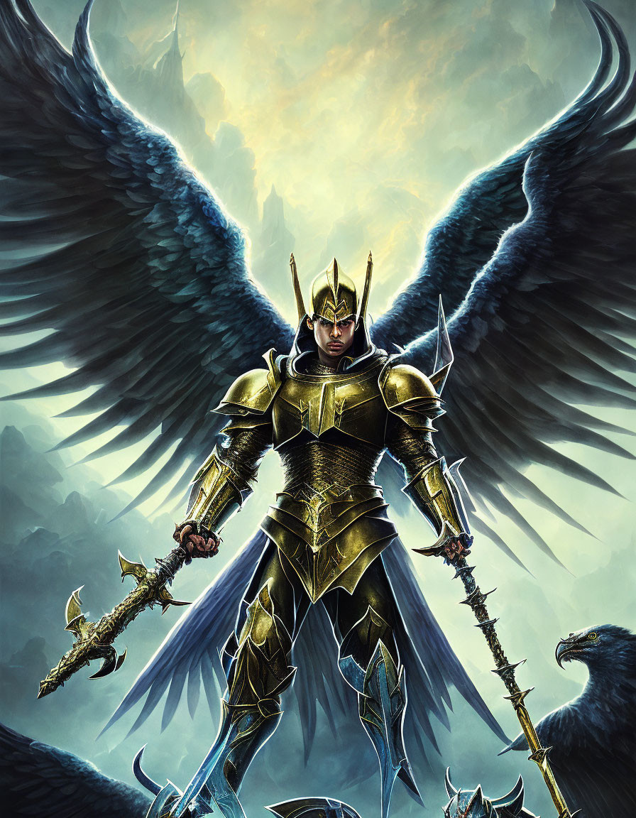 Golden armored figure with sword in stormy skies and eagles.
