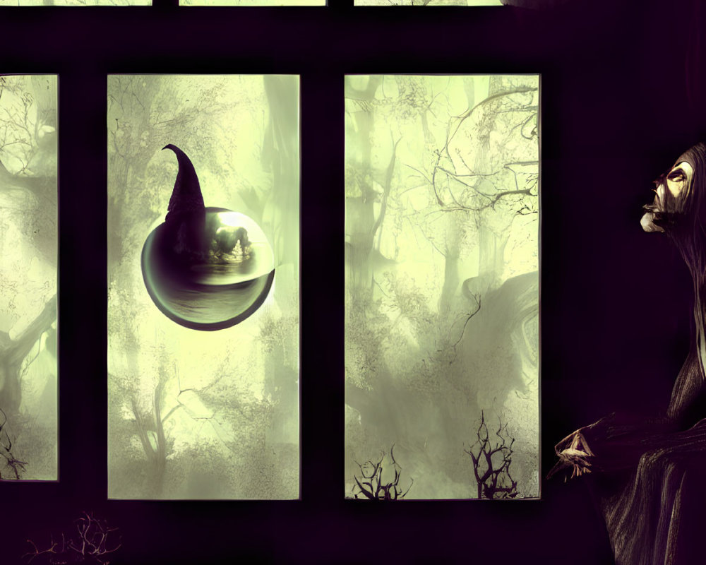 Mysterious witch scene with floating hat, forest view, and mystical ambiance