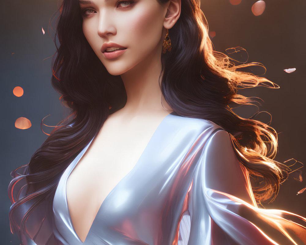 Digital portrait of woman with long black hair in silver dress amidst glowing embers on dark background