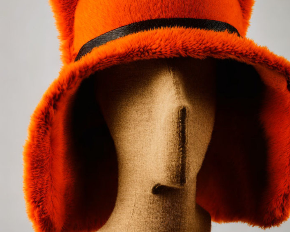 Orange Plush Hat with Ear Flaps and Black Detailing on Mannequin Head