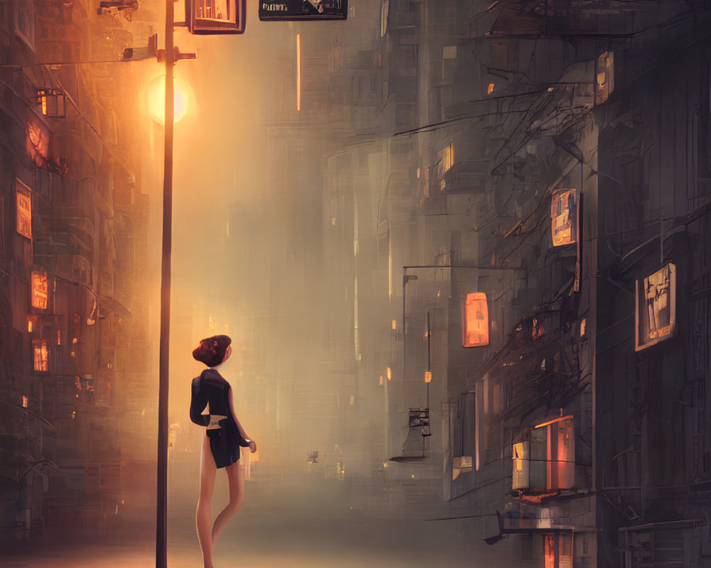 Woman standing on wet street at dusk among tall buildings with glowing lights.