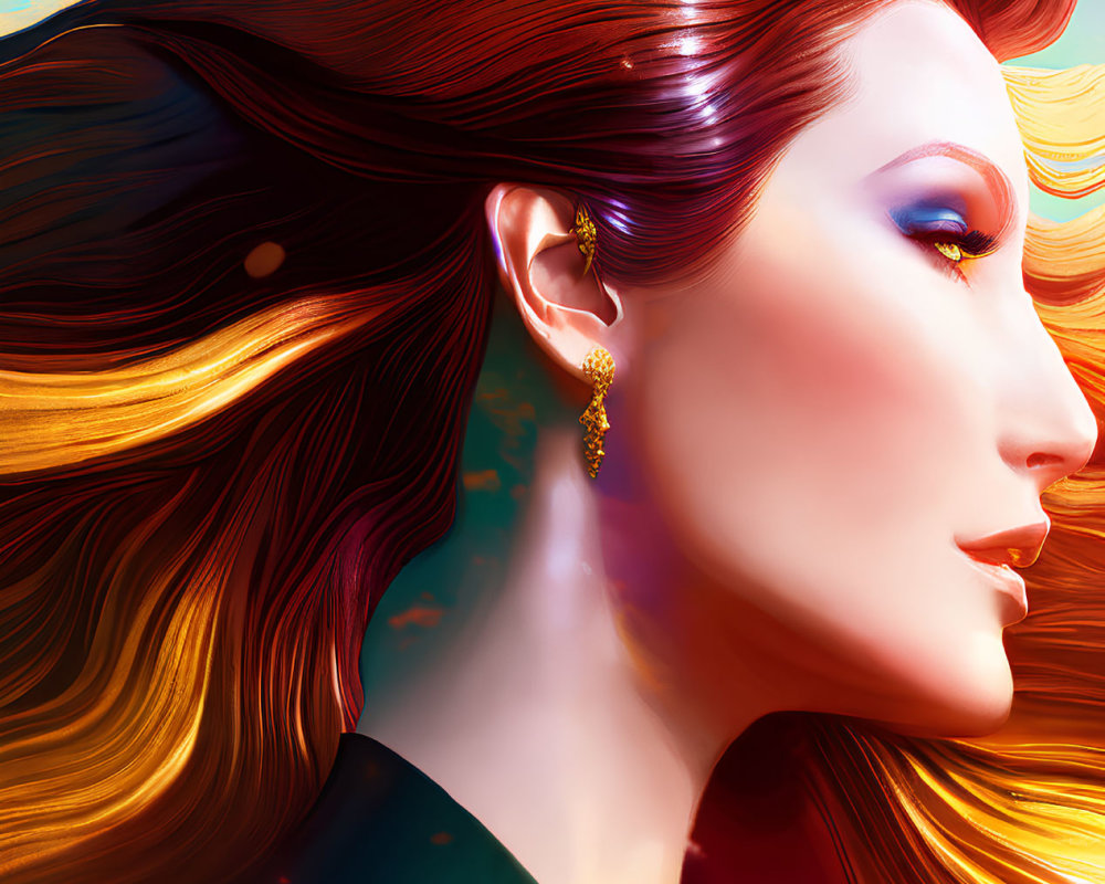 Colorful digital artwork: Woman with multicolored hair and ornate earring against vibrant sky