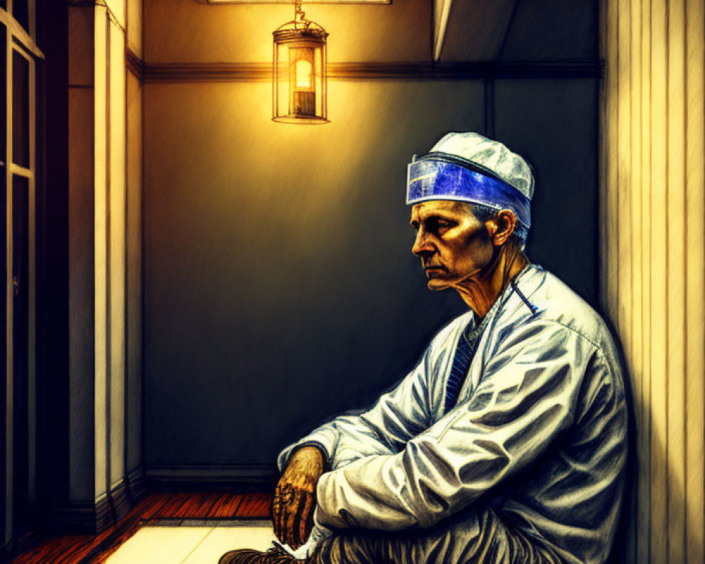 Hospital Surgeon Resting on Floor in Corridor