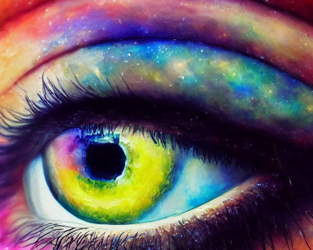 Close-up of vibrant galaxy-themed eye makeup in blue, purple, pink, and yellow