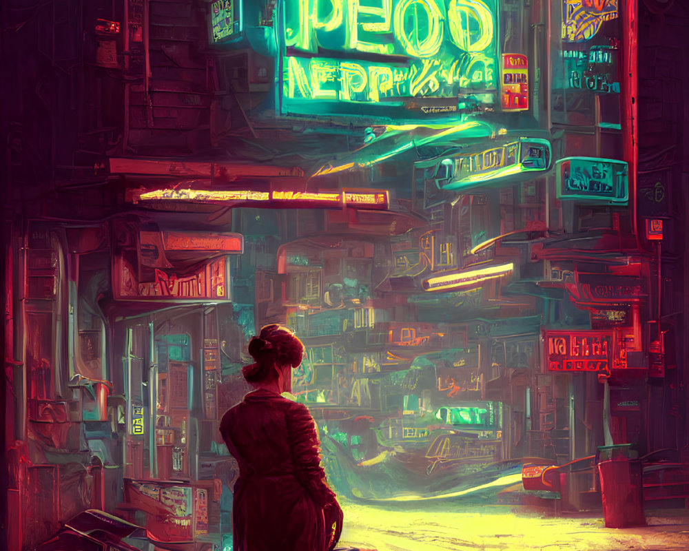 Neon-lit futuristic alley with vibrant signs and dystopian ambiance