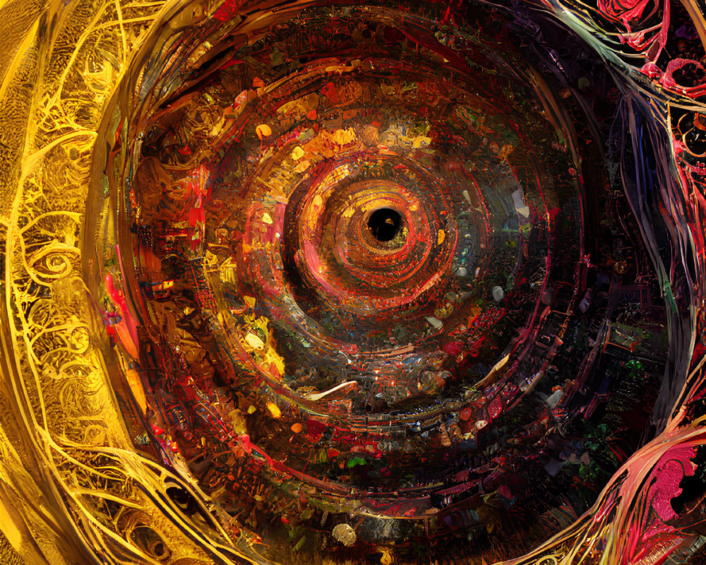 Colorful Circular Swirling Patterns Artwork in Gold, Red, and Black