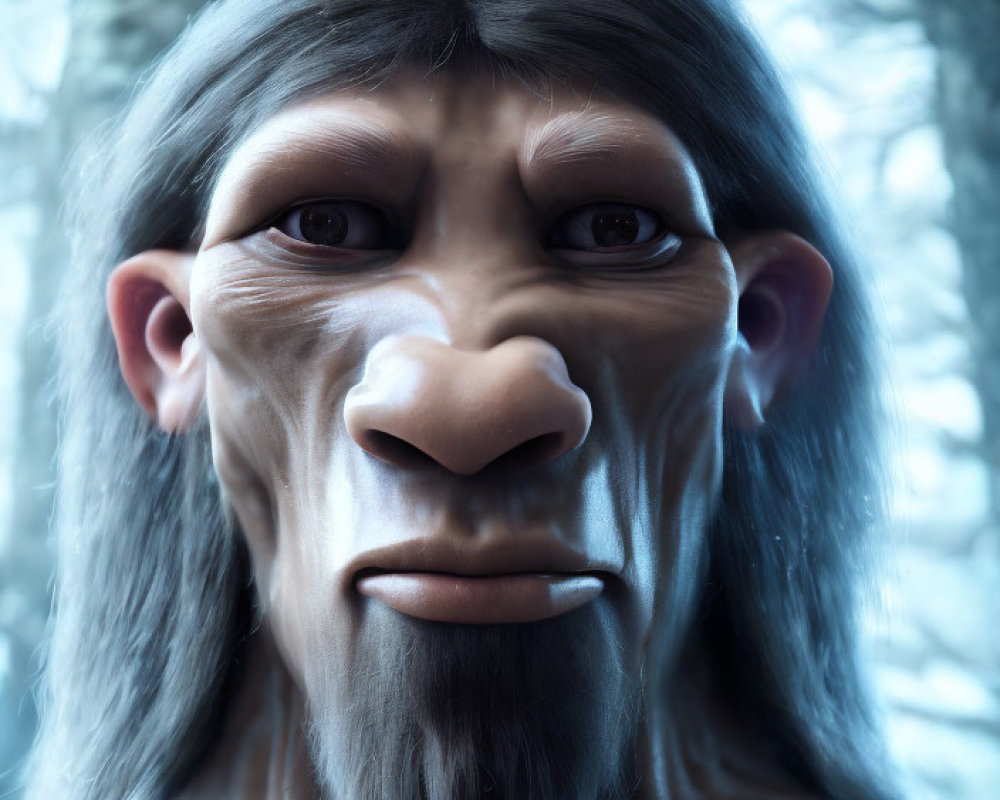 Detailed 3D-rendered hominid with human-like eyes and prominent nose in forest setting