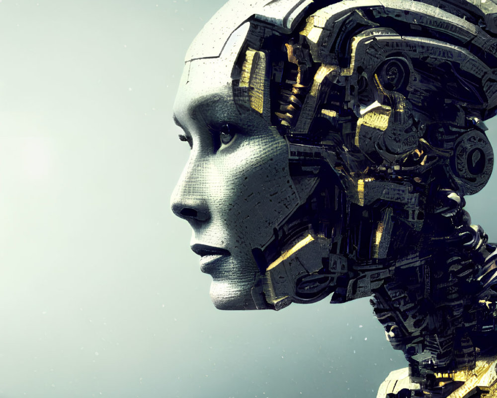 Detailed humanoid robot head with gold accents on gray background