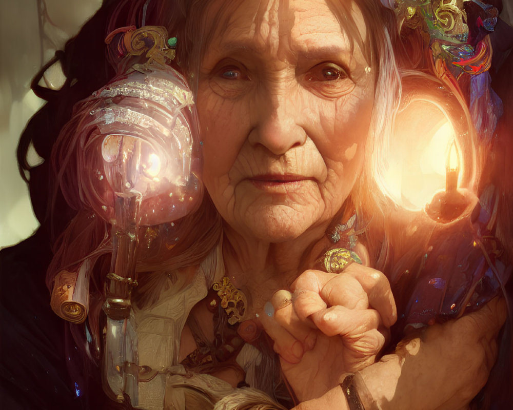 Elderly woman adorned with mystical ornaments and glowing lights holding a luminescent orb