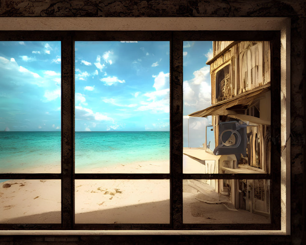 Sandy beach and turquoise ocean view through rustic window