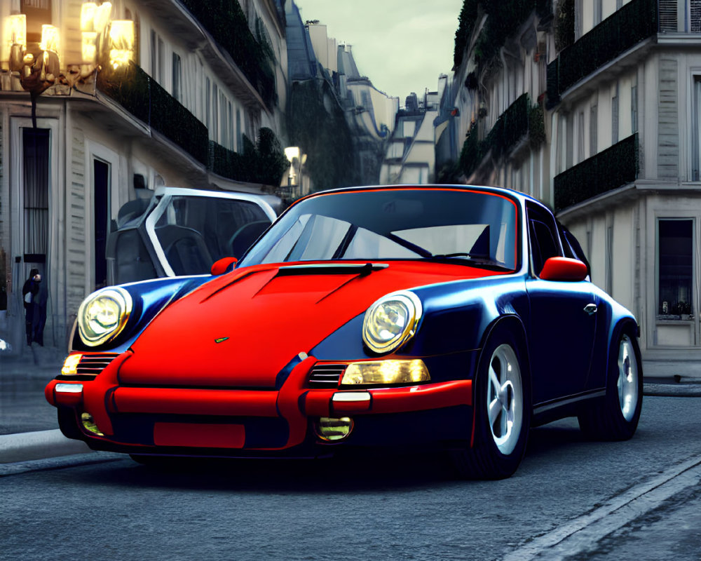 Classic Red and Blue Porsche on Cobblestone Street with European Buildings at Twilight