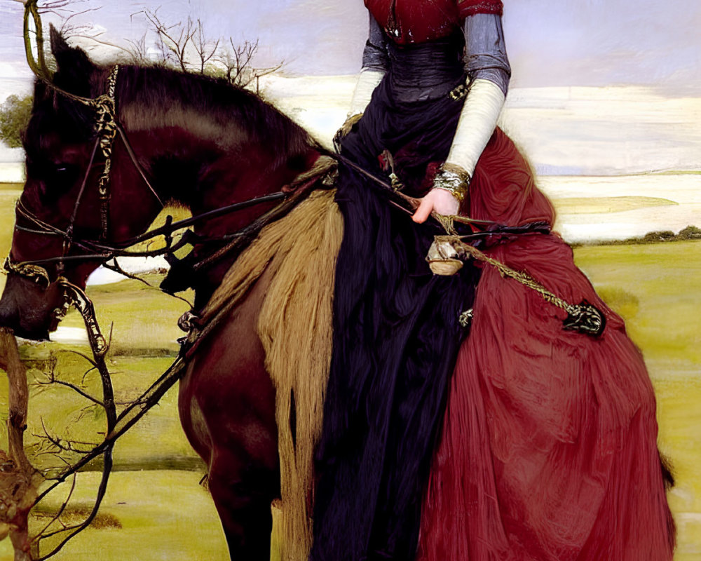 Historical woman in red and blue dress on dark horse in landscape.
