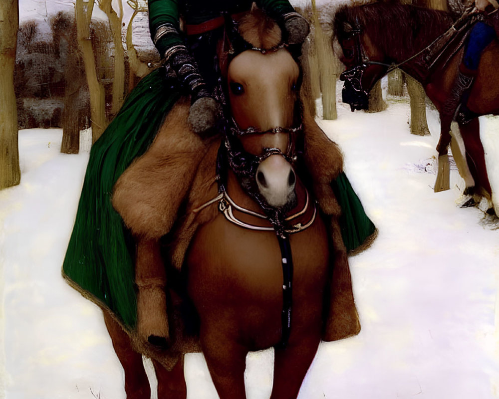 Medieval woman on brown horse in snowy landscape
