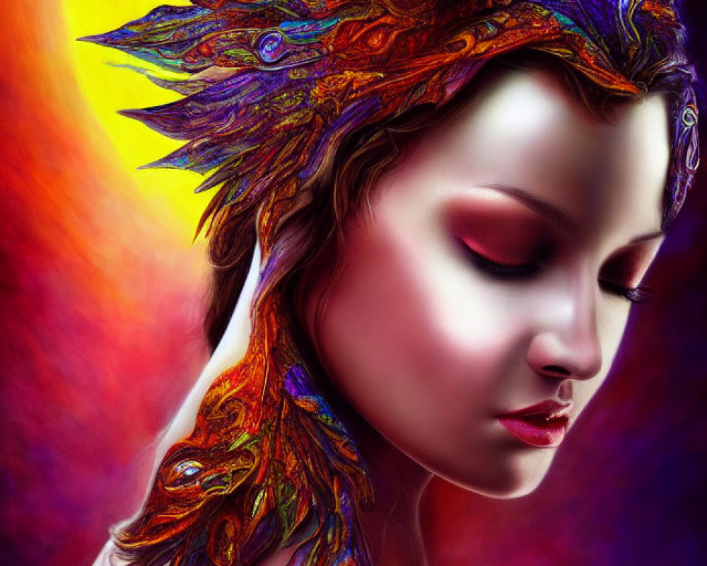 Colorful portrait of woman with vibrant phoenix feather headdress