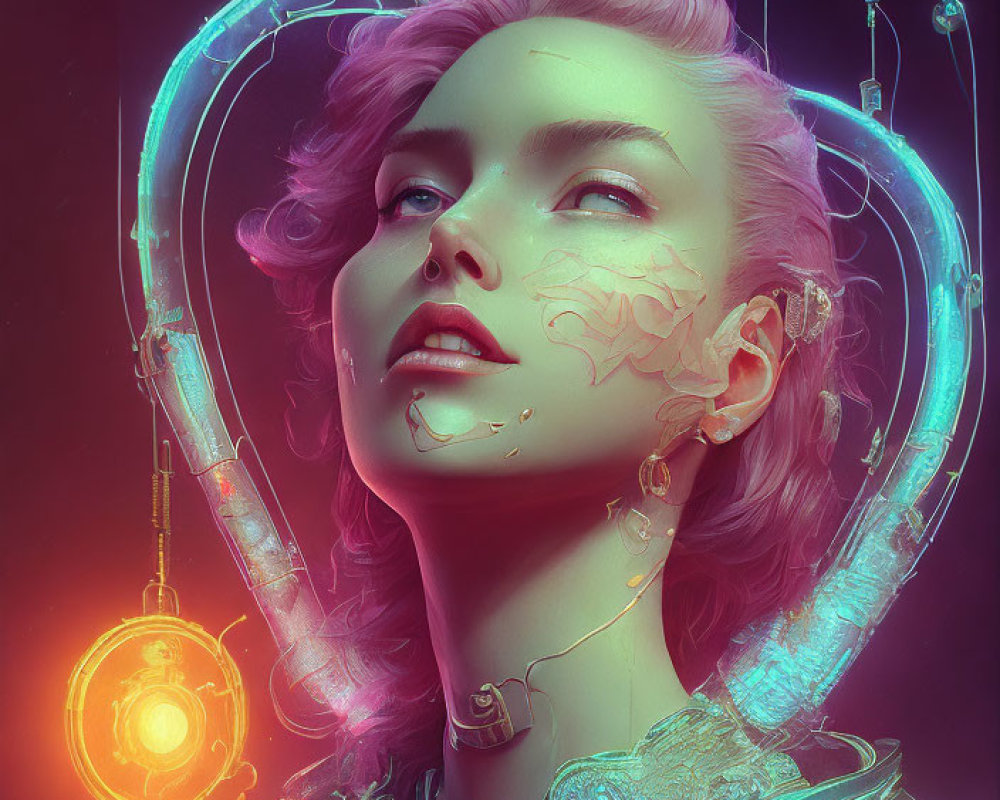 Futuristic female with cybernetic enhancements and vibrant pink and teal lighting