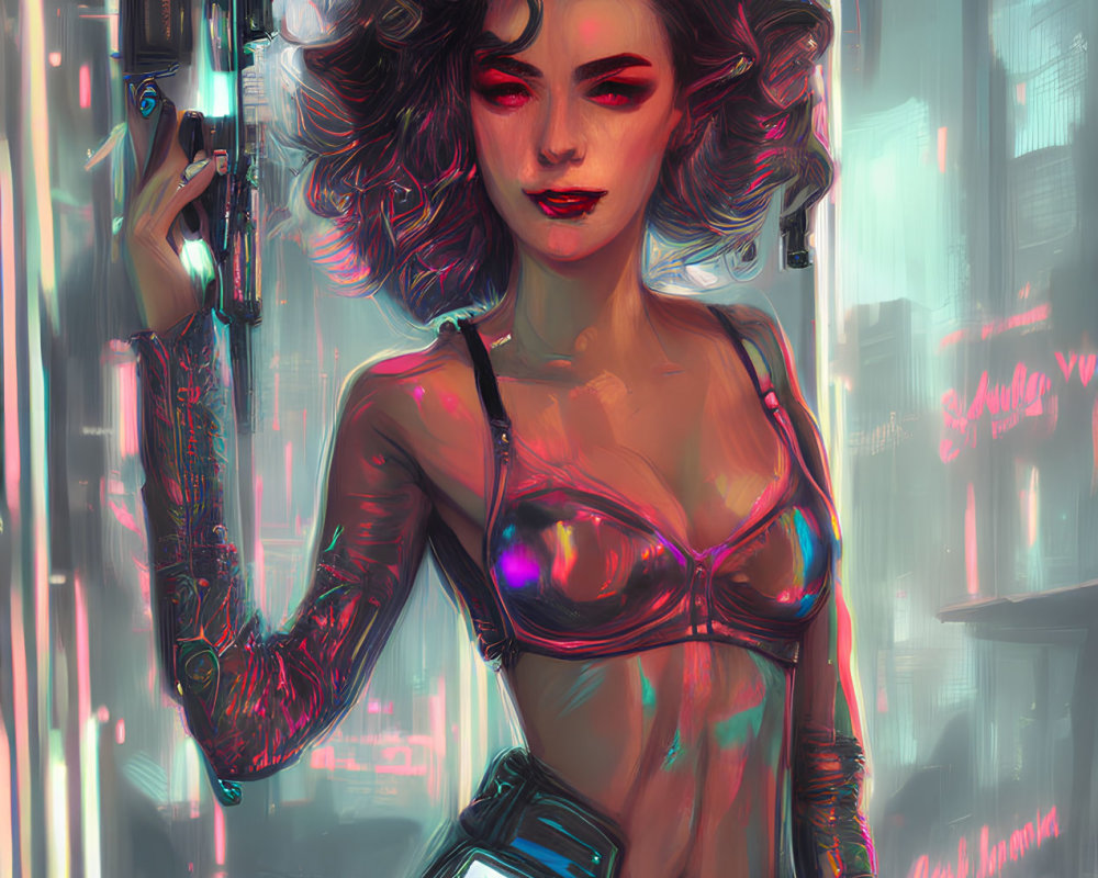 Cyberpunk woman with vibrant hair and futuristic pistol in neon-lit cityscape
