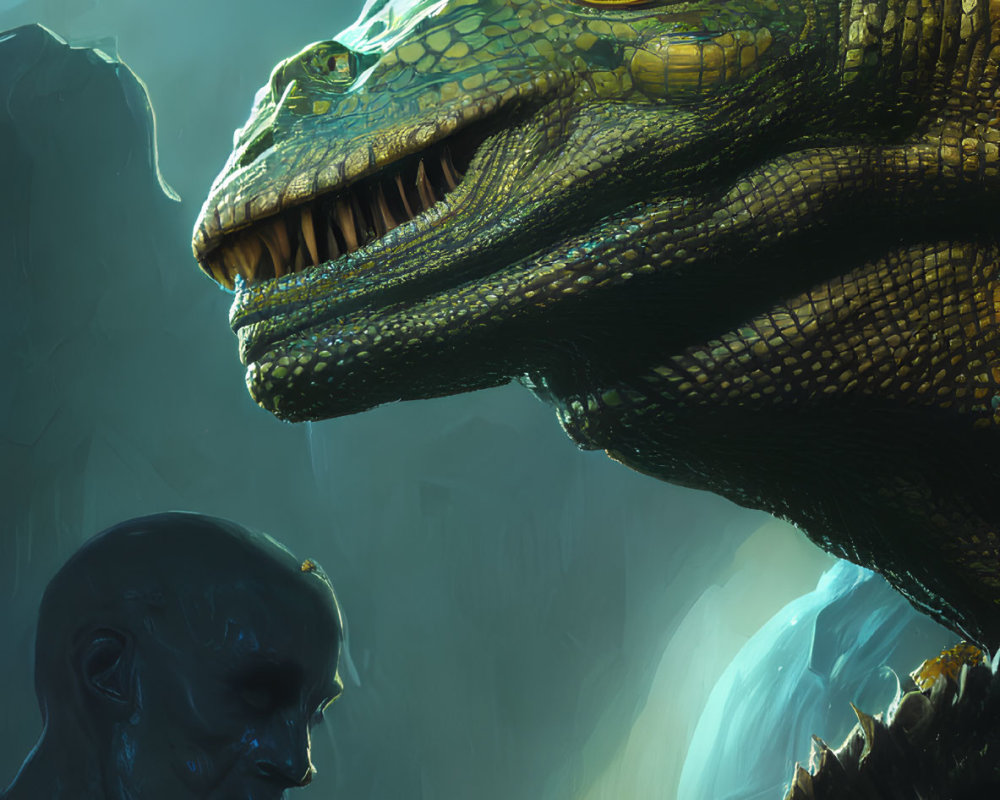 Detailed digital artwork: Reptilian creature with sharp teeth beside bald human silhouette